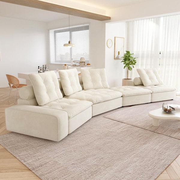 Down Filled Convertible Sofa, Miami 162 in. Square Arm Velvet L-Shaped Modular Sectional Couch with Ottoman in Beige