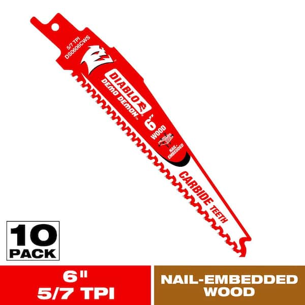 DIABLO 6 in. 5/7 TPI Demo Demon Carbide Teeth Reciprocating Saw Blades for Nail-Embedded Wood (10-Pack)