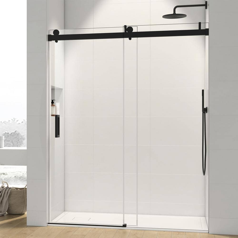 50-60 x 76 in. Single Sliding Frameless Shower Door in Matte Black with Sof