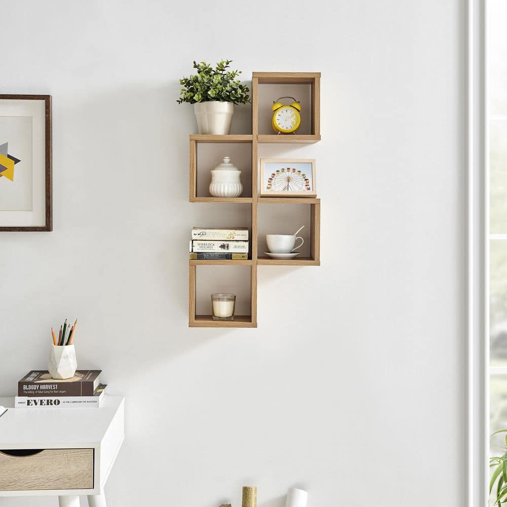 Chestnut Light Wood Floating Wall Shelf with Cubby Holes
