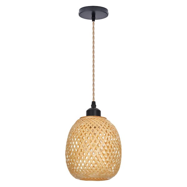1 Light Natural Hand-Woven Bamboo Pendant Light with Egg Shape, No Bulbs Included 7.09 in.