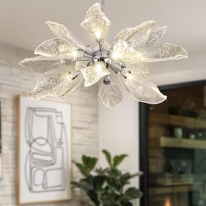 YUYI D23 in. 16-Light Silver Modern Chandelier, Crystal Leaf