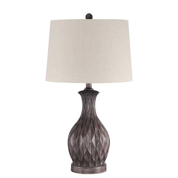 Table Lamp 26.77 in. Brown Contemporary Standard Bulb Urn Table Lamp for home w/ Carved Base & Oatmeal Fabric Shade