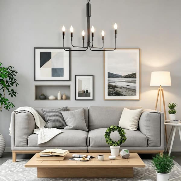 LALUZ Modern Black Candlestick Oblong Chandelier Farmhouse