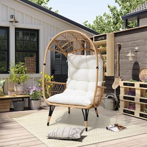Light Brown Wicker Outdoor Patio Egg Lounge Chair With Removable Beige Cushion