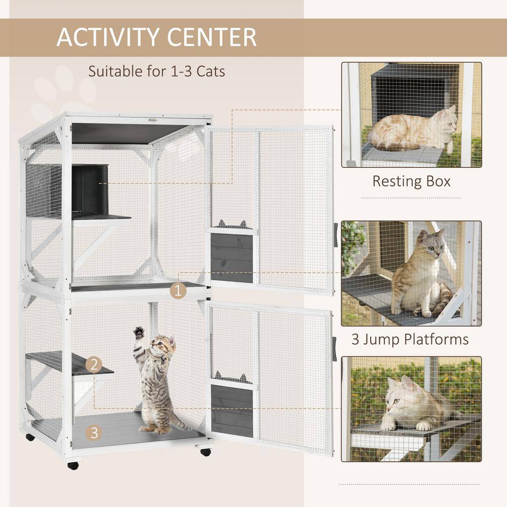 Large White and Gray Wooden Outdoor Cat House with Wheels