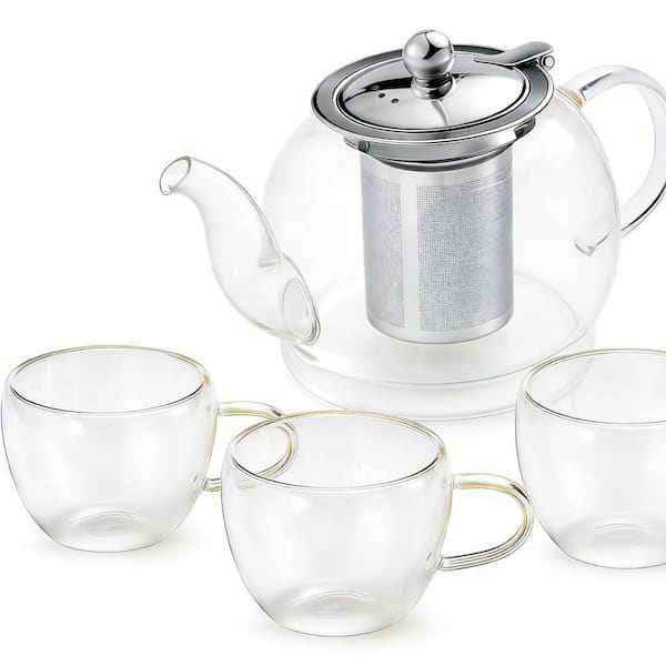 6-Cup Glass Teapot with Removable Stainless Steel Infuser, and 4 Glass Teacups, Blooming and Loose Leaf Tea Maker Set