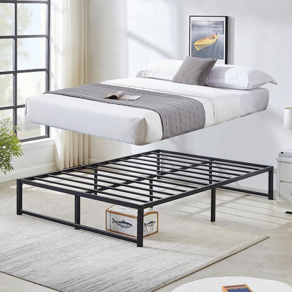 Queen Size Bed Frame, 62 W Metal Platform Bed Frames No Box Spring Needed, Heavy Duty Steel Slat Support, Black