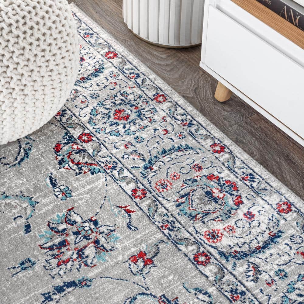 Elegant Light Grey and Red Floral Synthetic Area Rug