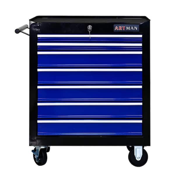 12.9 in. W 7 Drawer Rolling Metal Blue Tool Cabinet with Lock, 4 Wheels Tool Carts with Workbench and Push Rod