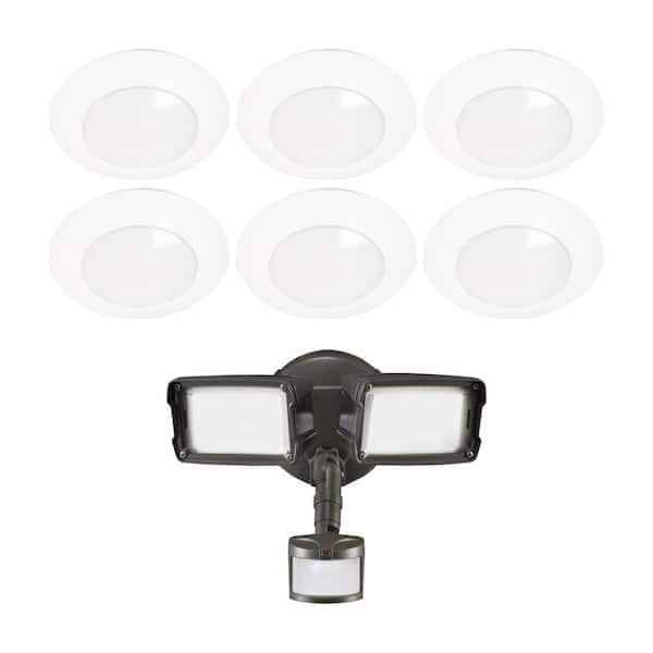 HALO HLC 6 in. 3000K Integrated LED Recessed Light Trim (6-Pack) and Bronze Motion Activated Twin-Head LED Flood Light