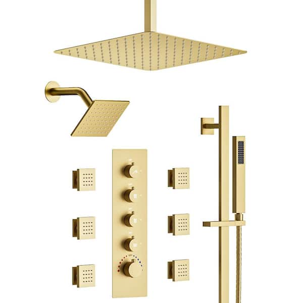 Thermostatic 5 Handles 15-Spray Shower Faucet Dual Shower Heads 2.5 GPM with Slide bar in Brushed Gold (Valve Included)