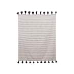 Cream with Grey Stripes and Tassels Cotton Woven Throw Blanket