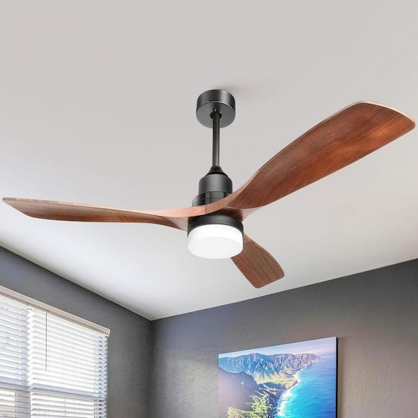 52 In. Indoor Black 3 Solid Wood Blades Integrated LED Ceiling Fan with Remote Control and Reversible DC Motor
