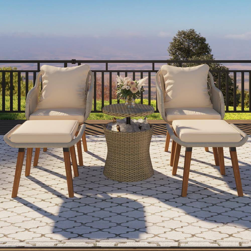 5-Piece Brown Wicker Patio Conversation Set with Brown Cushions and 1 Cool Bar Table for Porch, Backyard price history on PriceWatchPro