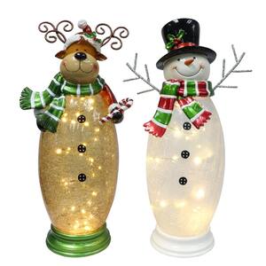 Crackle Glass Moose and Snowman Set with 40 LED Rice Lights, White