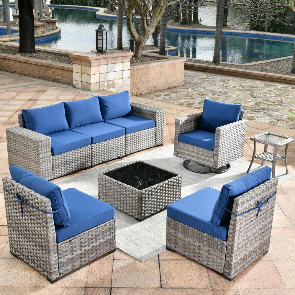 Gray 8-Piece Wicker Outdoor Sofa Set with Navy Cushions
