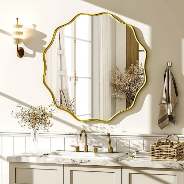 XRAMFY Gold 24 in. W x 24 in. H Round Modern Aluminum Alloy Deep Framed with Decorative Border Vanity Mirror Wall Mirror