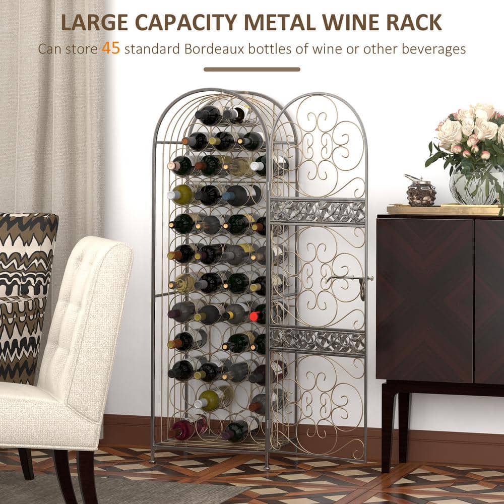 Antique Bronze Wrought Iron 45-Bottle Wine Rack with Lock