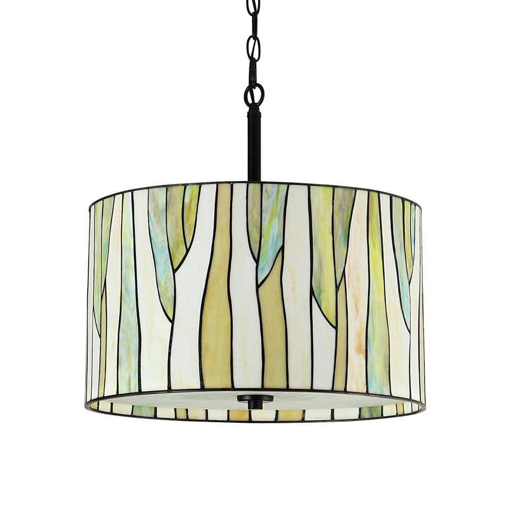 Barossa Green Stained Glass Drum Pendant Lamp with Bronze Finish