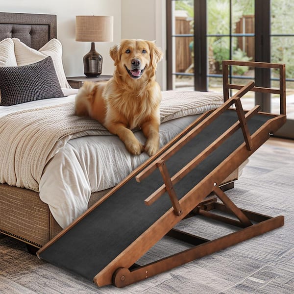 BOZTIY Dog Ramp with Side Rail and Rubber Mat 5-Level Adjustable Folding Pet Ramp 63 in. L x 18 in W x 32 in. H Dog Ramp, Brown