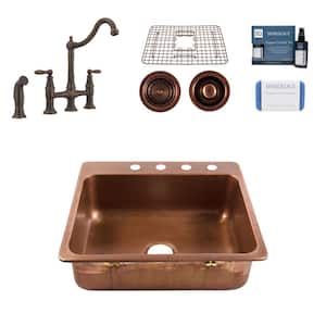 Angelico 25 in. 4-Hole Drop-in Single Bowl 17 Gauge Antique Copper Kitchen Sink with Courant Bridge Faucet (Bronze) Kit