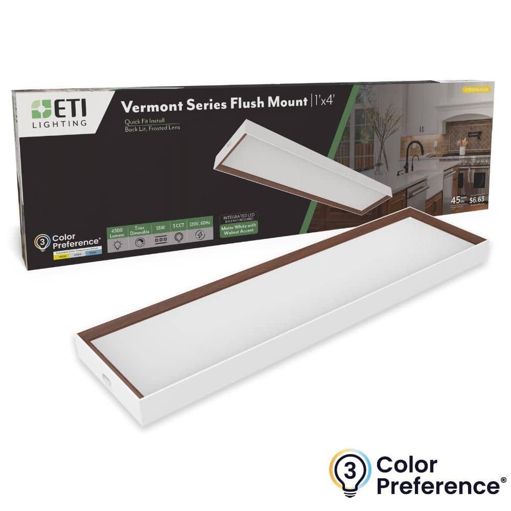 VERMONT 4 ft. x 12 in. White with Walnut Accent LED Flush Mount Ceiling Light 4500LM 55W 3000K 4000K 5000K Dimmable 120V price history on PriceWatchPro