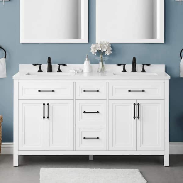 Home Decorators Collection Mayfield 60 in. W x 22 in. D x 34 in. H Double Sink Bath Vanity in White with White Engineered Stone Top
