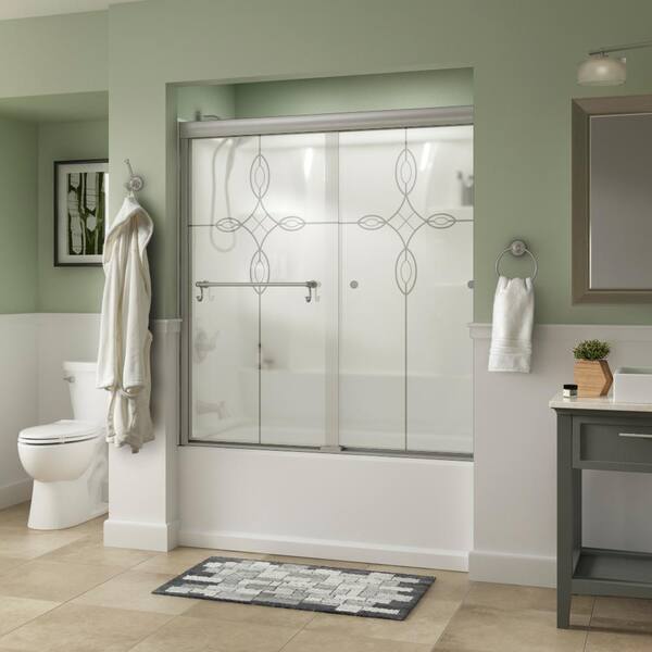 Portman 60 in. x 58-1/8 in. Semi-Frameless Traditional Sliding Bathtub Door in Nickel with Rain Glass Portman 60 in. x 58-1/8 in. Semi-Frameless Traditional Sliding Bathtub Door in Nickel with Rain Glass