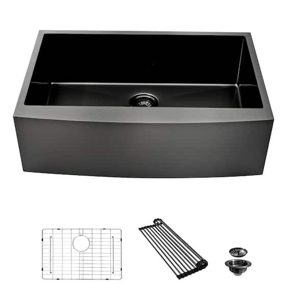 33 in. Farmhouse/Apron-Front Single Bowl 16-Gauge Gunmetal Black Kitchen Sink with Titanium Nano-Coating & Accessories