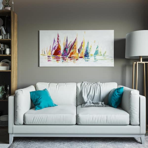 27.6 in x 55.2 in "Rainbow Afloat" Hand Painted Canvas Wall Art