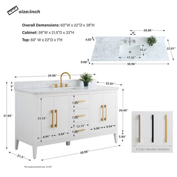 Vanity Art 60 in. W x 22 in. D x 34 in. H Single Sink