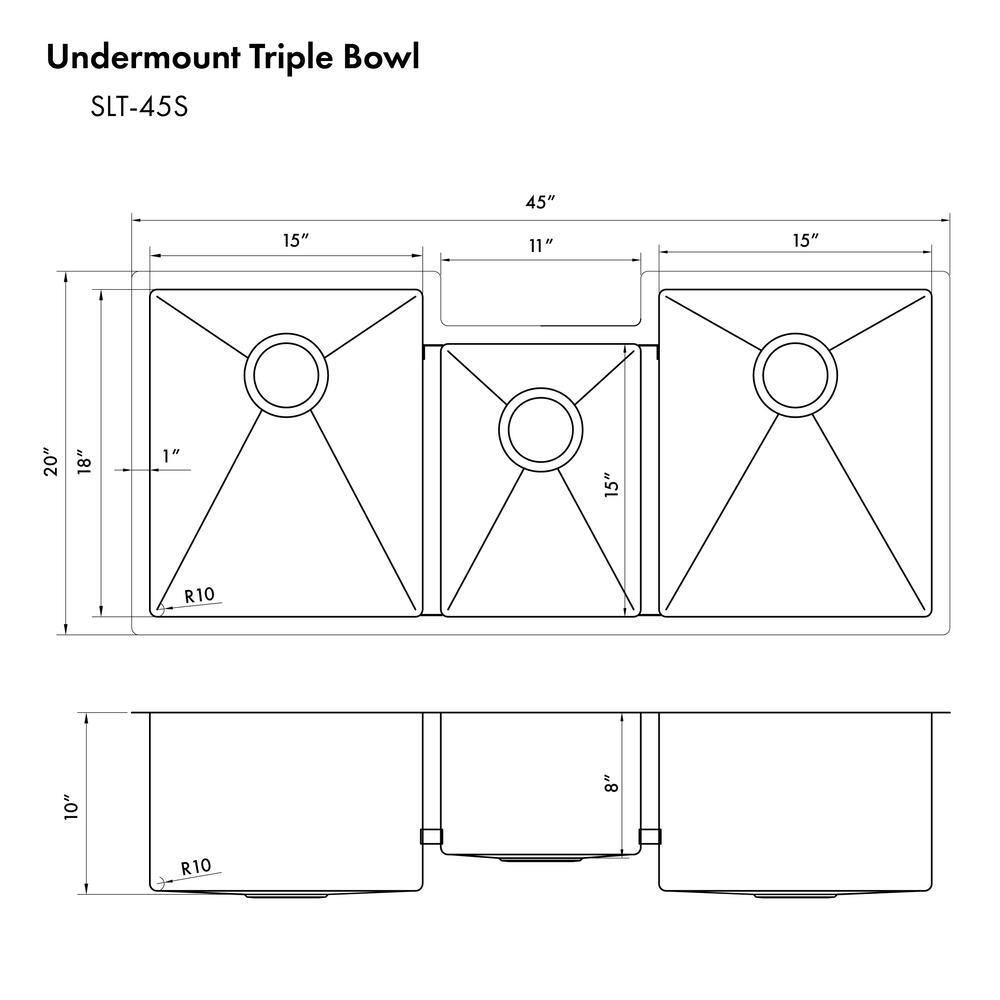 Breckenridge 45" Triple Bowl Stainless Steel Undermount Kitchen Sink