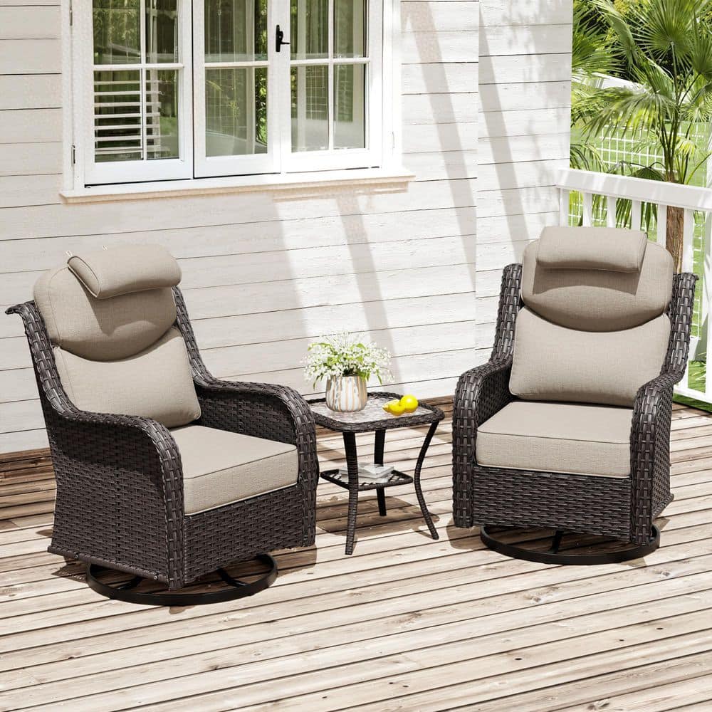 3-Piece Brown Wicker Outdoor Rocking Chairs Set with Headrest, Beige Cushions and Side Table price history on PriceWatchPro