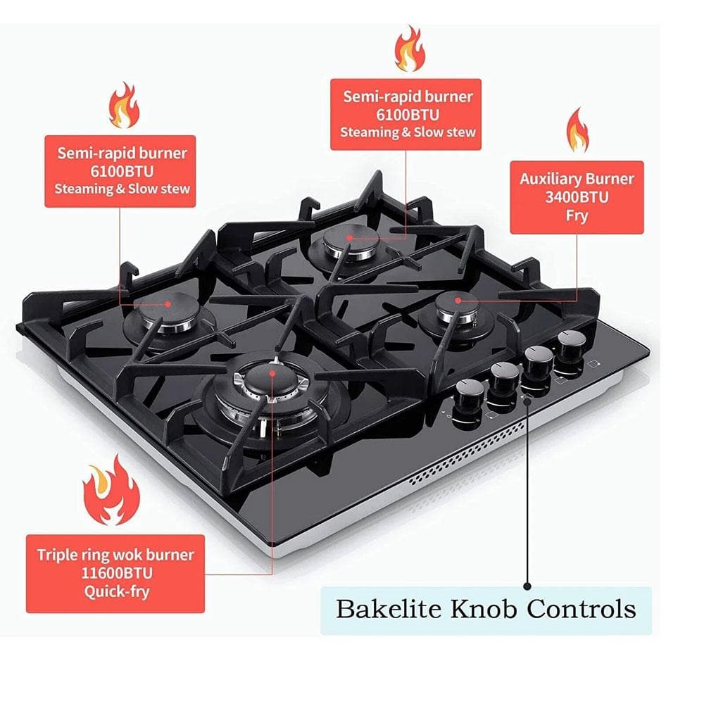 24-inch Black Tempered Glass 4-Burner Propane Gas Cooktop