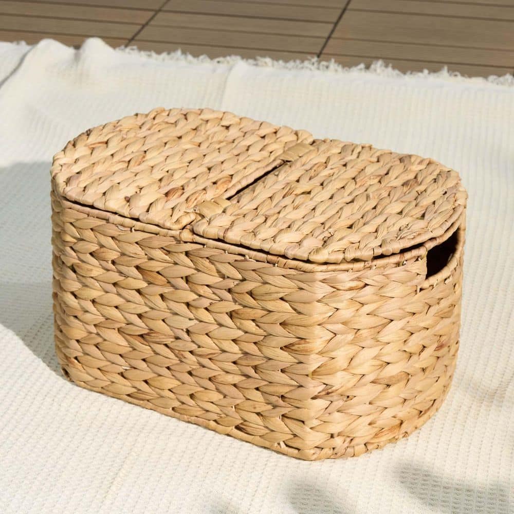 Brown 16.1 in. x 8.3 in. Wicker Hyacinth Small Decorative Baskets with Lid,