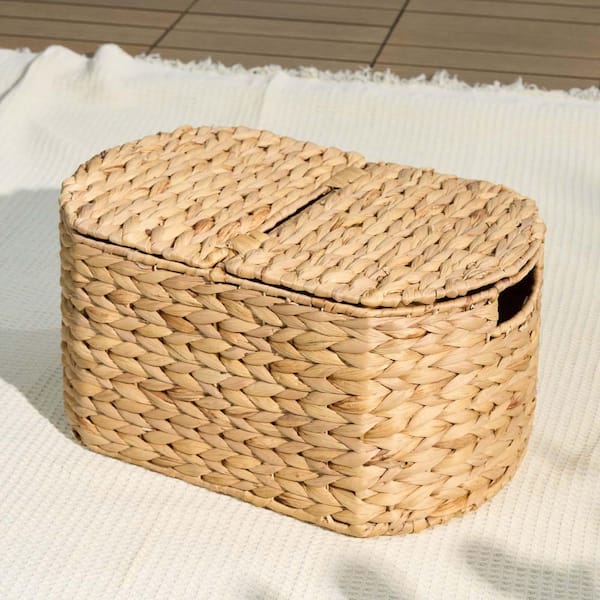 Unbranded Brown 16.1 in. x 8.3 in. Wicker Hyacinth Small Decorative Baskets with Lid, Oval Kitchen and Picnic Basket, Decor Basket