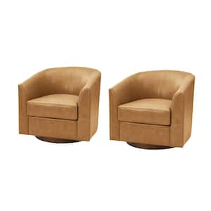 Teeny Modern Genuine Leather Swivel Barrel Chair Set of 2 with Solid Wood Base-Camel