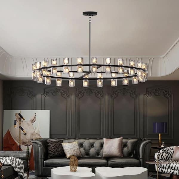48 in. Black LED Crystal Chandelier, Large Farmhouse Wagon Wheel,Modern Round Dining Room Light by Hoyer(Bulbs Included)