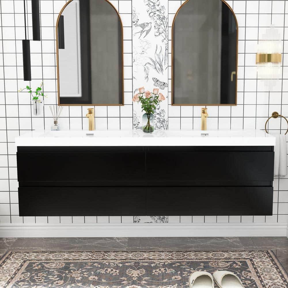 72 in. W x 20 in. D x 22 in. H Double Sink Wall-Mounted Bath Vanity in Blac