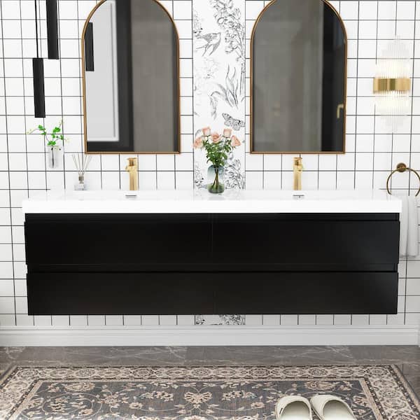Unbranded 72 in. W x 20 in. D x 22 in. H Double Sink Wall-Mounted Bath Vanity in Black with White Cultured Marble Top