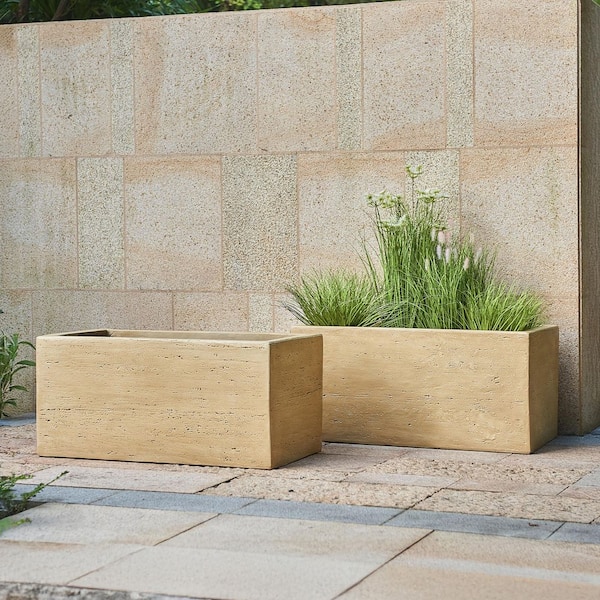 Siloam Travertine Beige Outdoor Concrete Decorative Pots Planter Box, MGO (31.25 in. Lx 15.75 in.W x 14.5 in.H),Set of 2