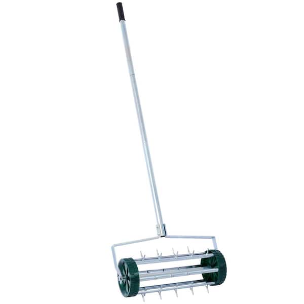 Huluwat Heavy-Duty Rolling 5-Tine Aerator, Garden Yard Rotary Push Lawn Aeration with Steel Handle, Green Wheels