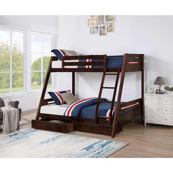 Furniture of America Haulton Dark Walnut Twin Over Full Bunk Bed with Underbed Drawers
