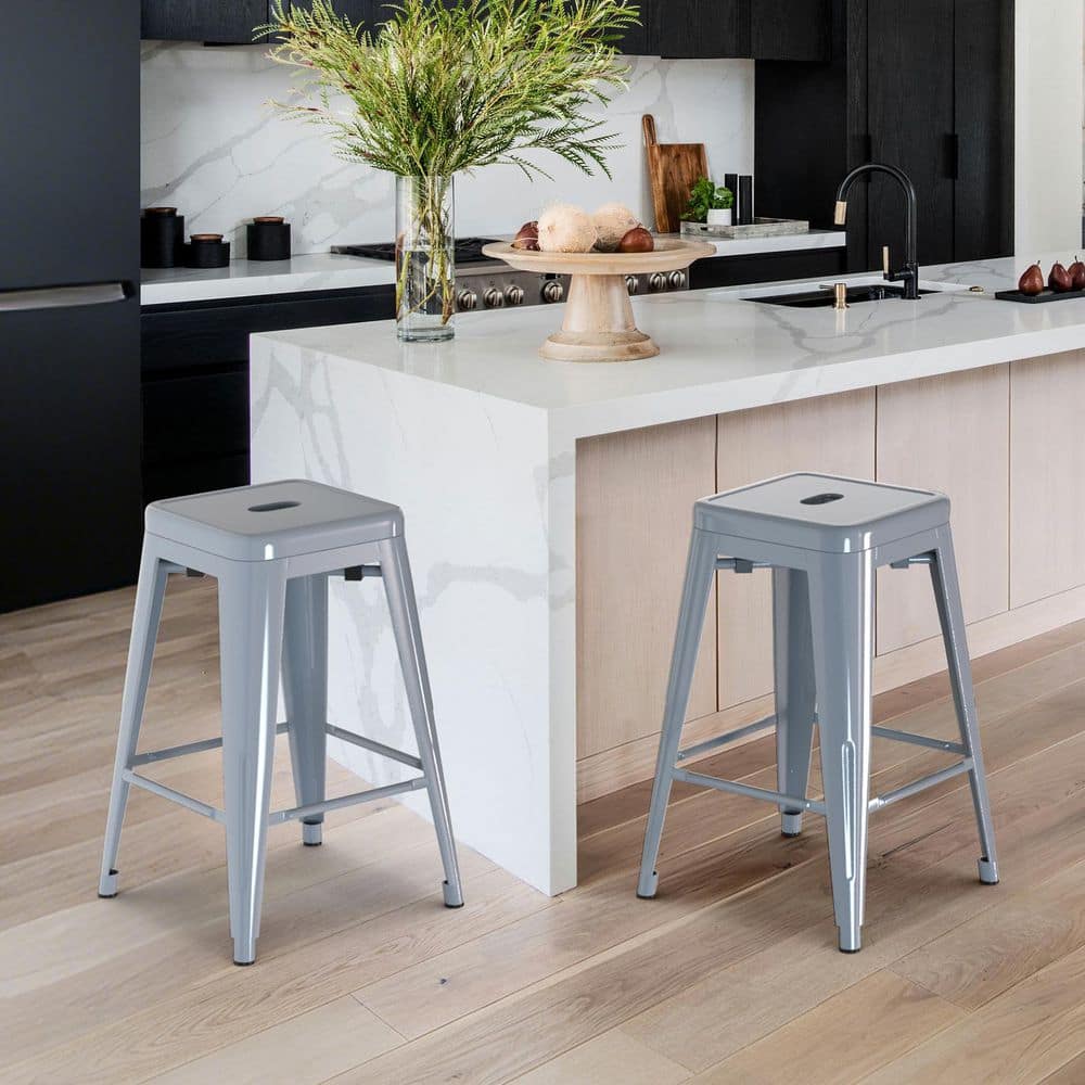 Stools Silver Rent MFD LIVING Bar Stools 24 in. H Silver Backless Metal Bar Stool with ...