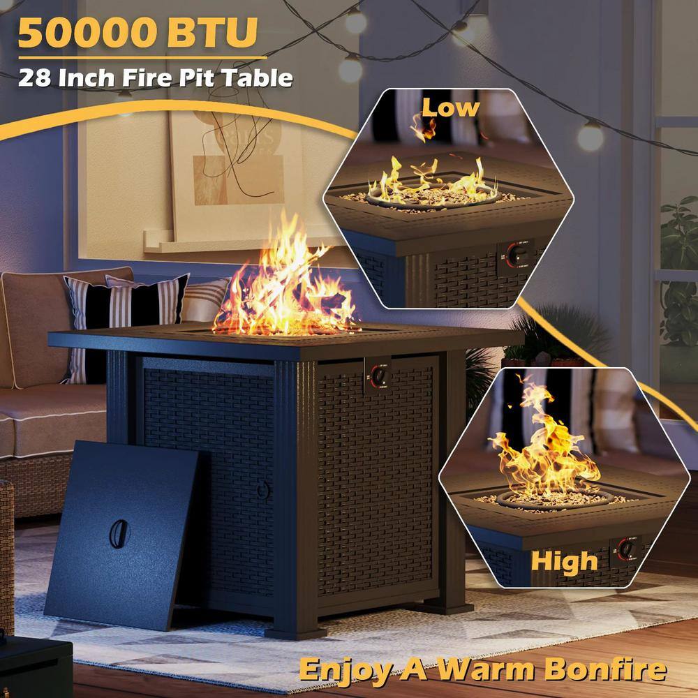 Black 28'' Galvanized Steel and Polyrattan Propane Fire Pit Table