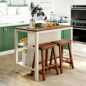 Cream White Kitchen Island Set w/ 2-Stools Rustic Wood Dining Table Kitchen Prep Table with 2-Open Shelf and Walnut Top