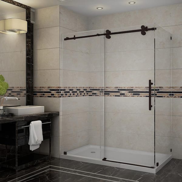 Aston Langham 60 in. x 35 in. x 77.5 in. Frameless Corner Sliding Shower Door in Bronze, Left Drain