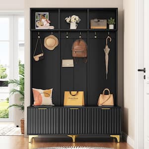 Black Large Storage Modern Hall Tree with Bench, High Gloss Fluted Doors, 6 Luxurious Gold Hooks and Legs