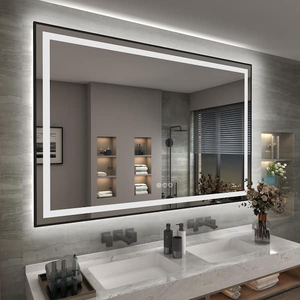 Apmir 60 in. W x 40 in. H Rectangular Framed Front and Back LED Lighted Anti-Fog Wall Bathroom Vanity Mirror in Tempered Glass